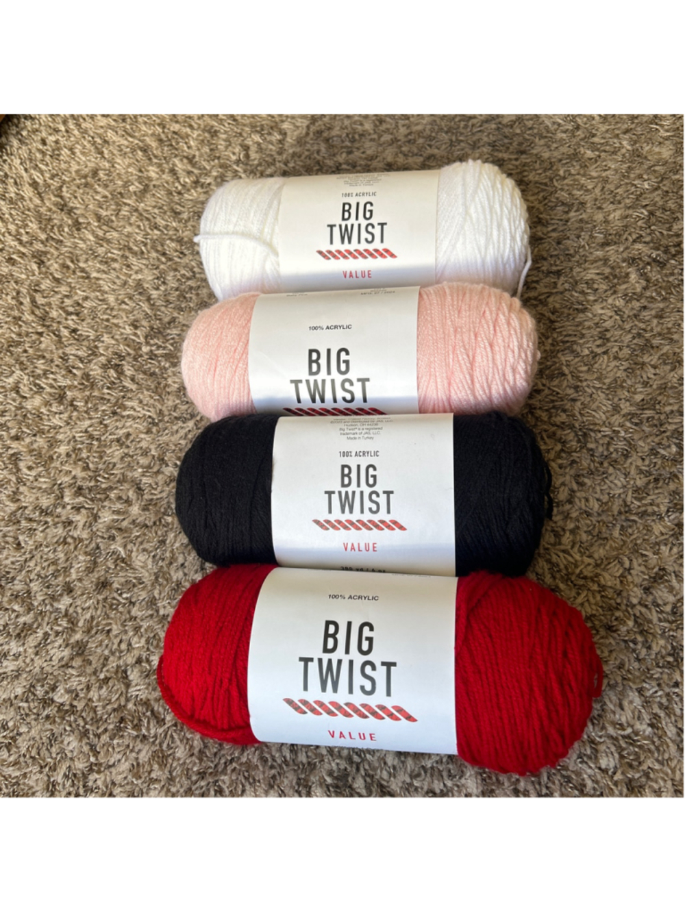 Big Twist Value Acrylic Yarn 4 Skein Bundle - White, Pink, Black, Red